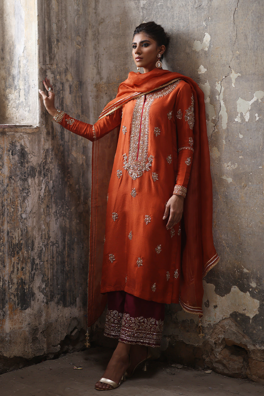 Rust Marori Gota Zardozi Raw Silk Salwar Kameez (3-Piece) - Image 11