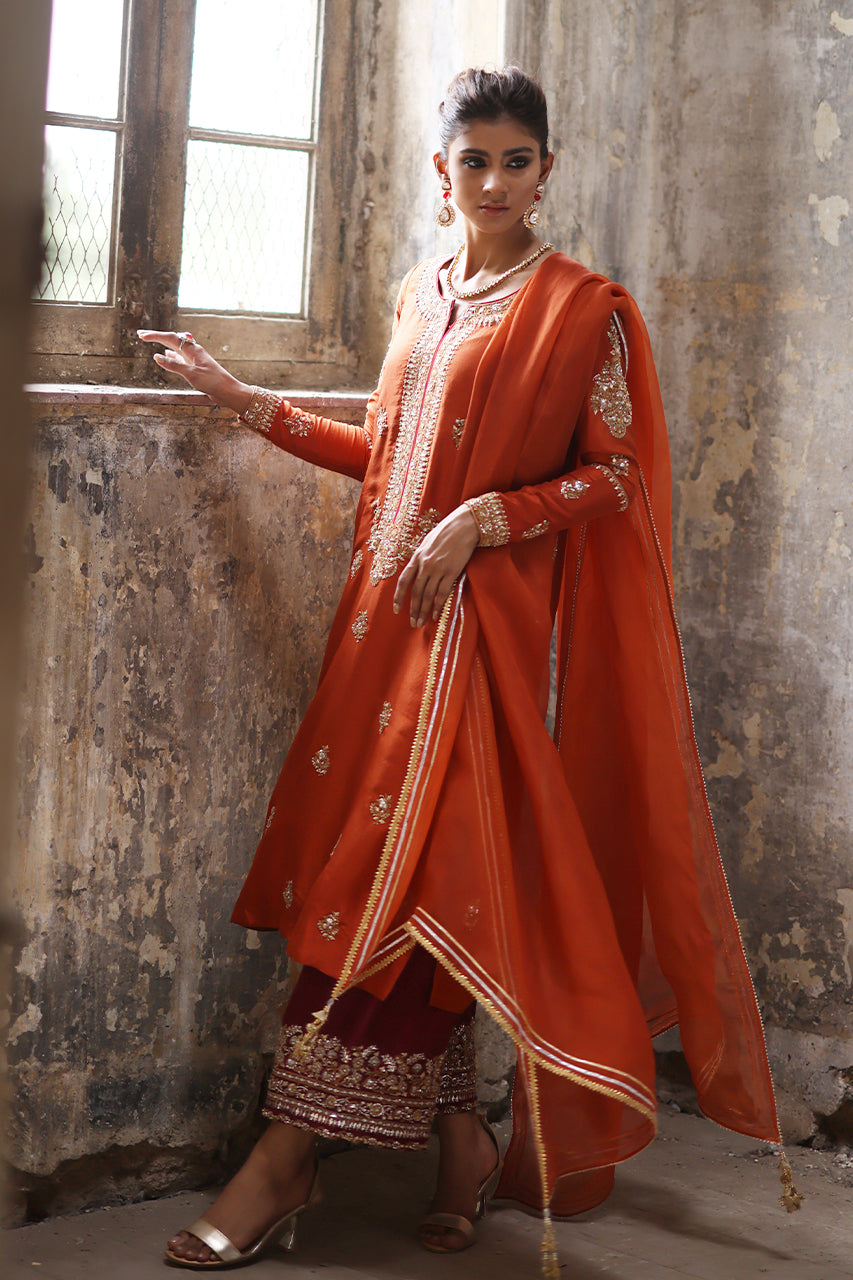 Rust Marori Gota Zardozi Raw Silk Salwar Kameez (3-Piece) - Image 12