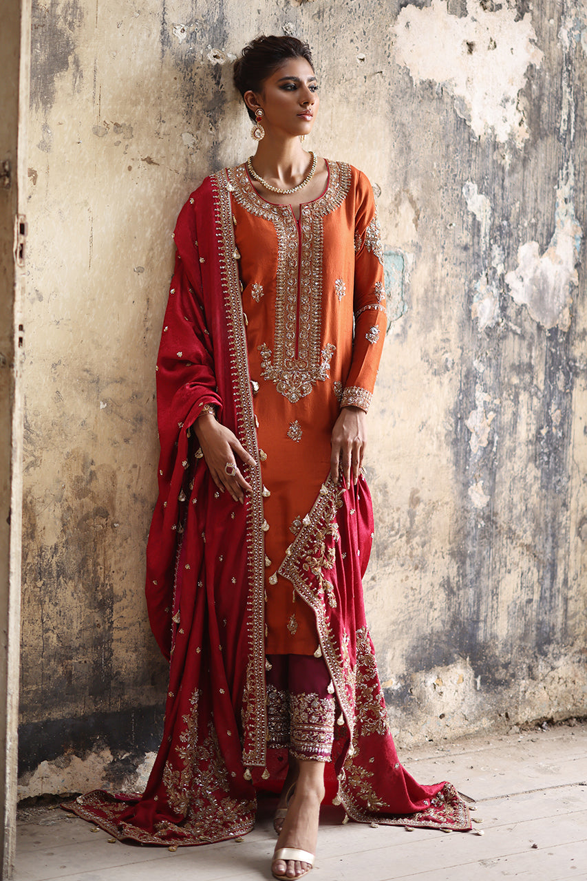 Rust Marori Gota Zardozi Raw Silk Salwar Kameez (3-Piece) - Image 13