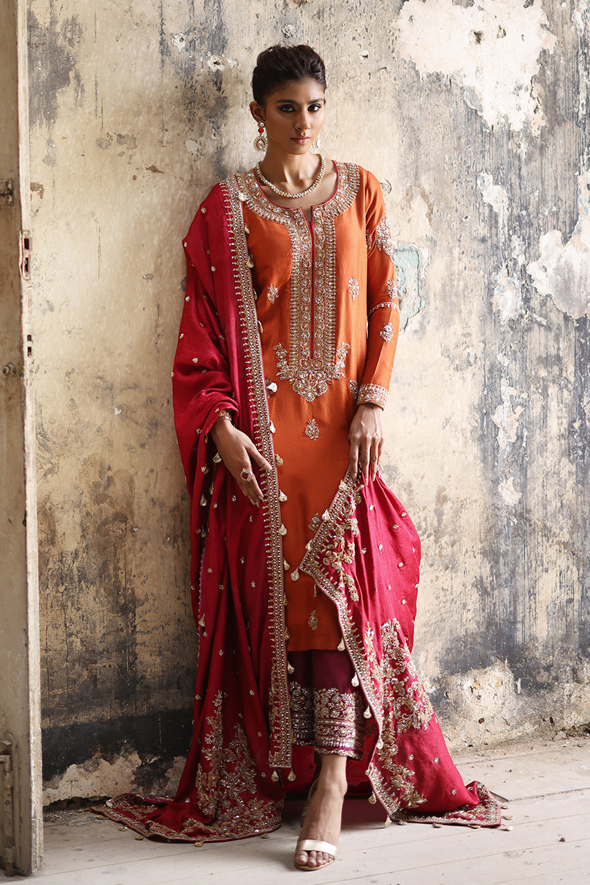 Rust Marori Gota Zardozi Raw Silk Salwar Kameez (3-Piece) - Image 14