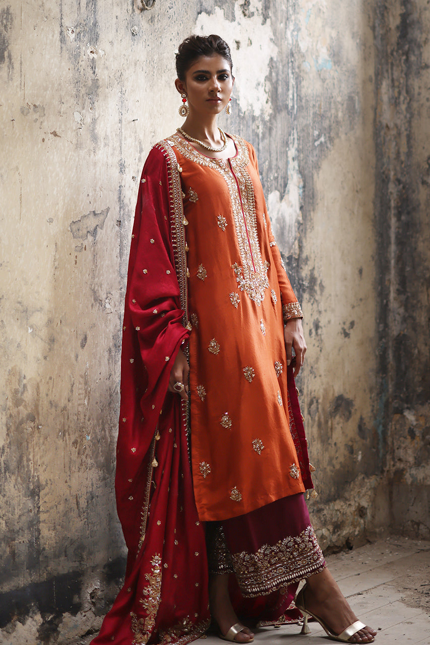 Rust Marori Gota Zardozi Raw Silk Salwar Kameez (3-Piece) - Image 15
