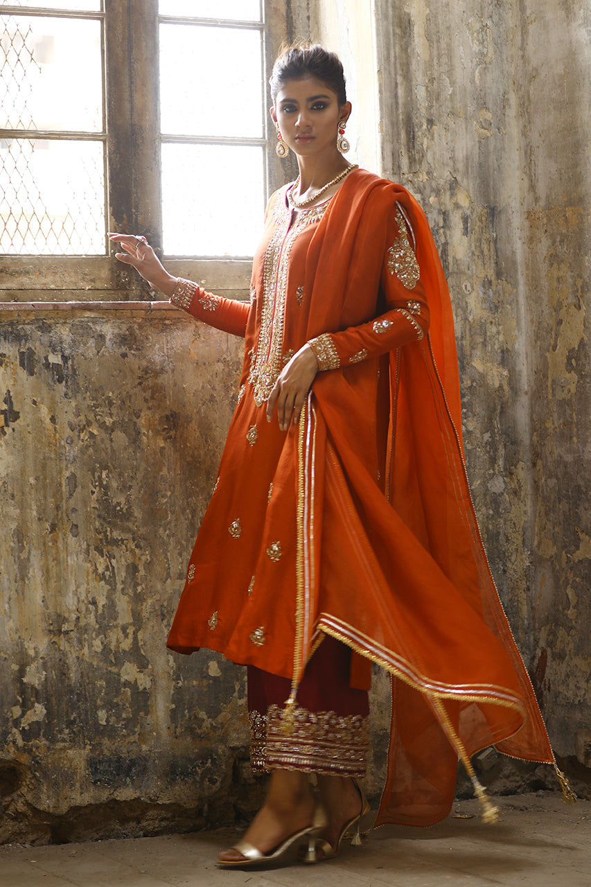 Rust Marori Gota Zardozi Raw Silk Salwar Kameez (3-Piece) - Image 4