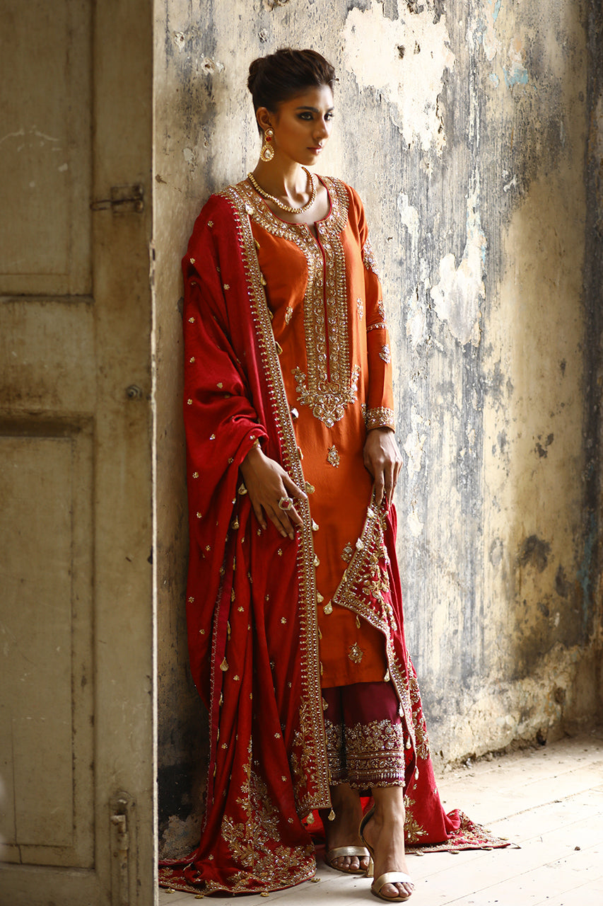 Rust Marori Gota Zardozi Raw Silk Salwar Kameez (3-Piece) - Image 8