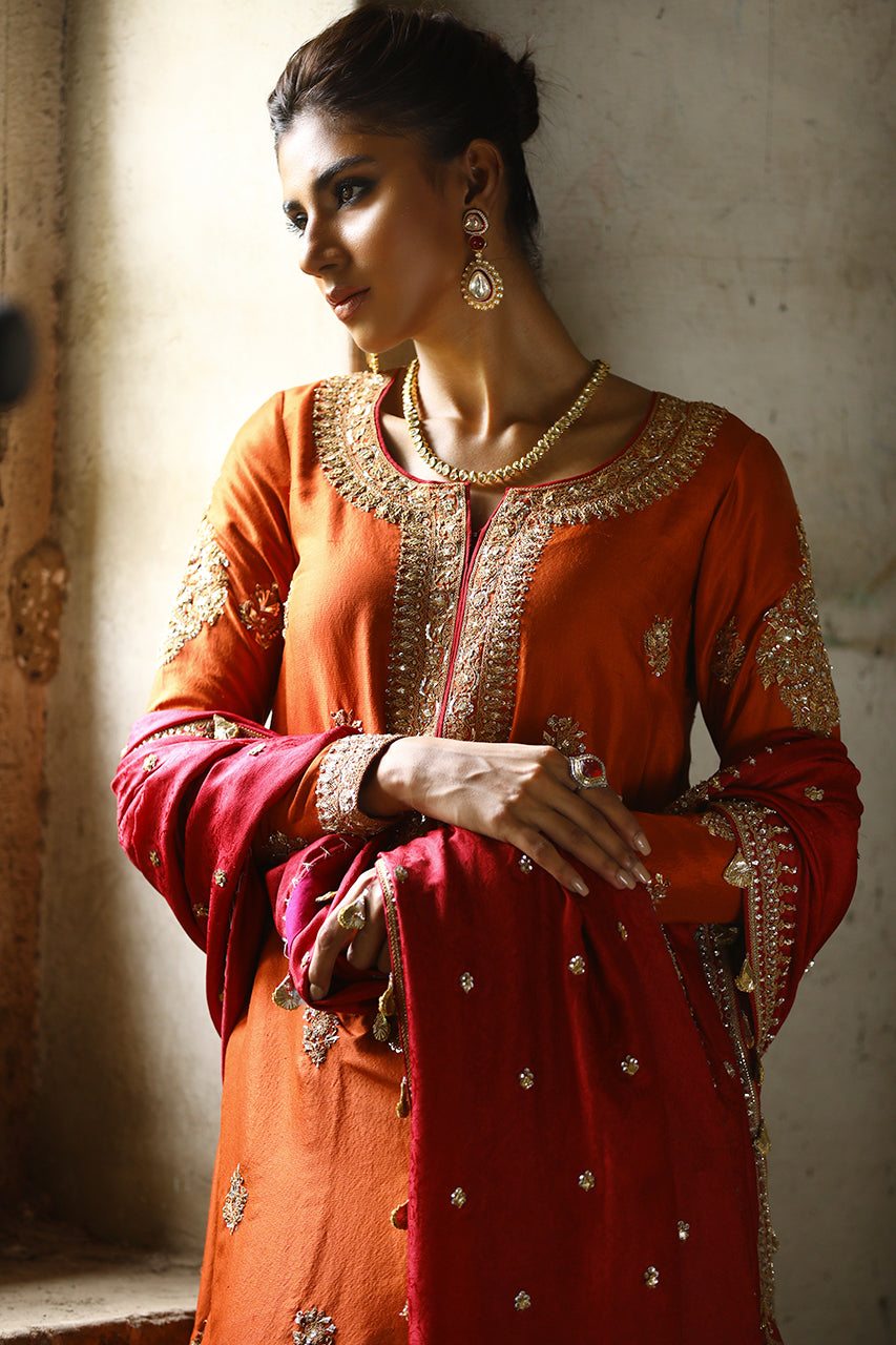 Rust Marori Gota Zardozi Raw Silk Salwar Kameez (3-Piece) - Image 9