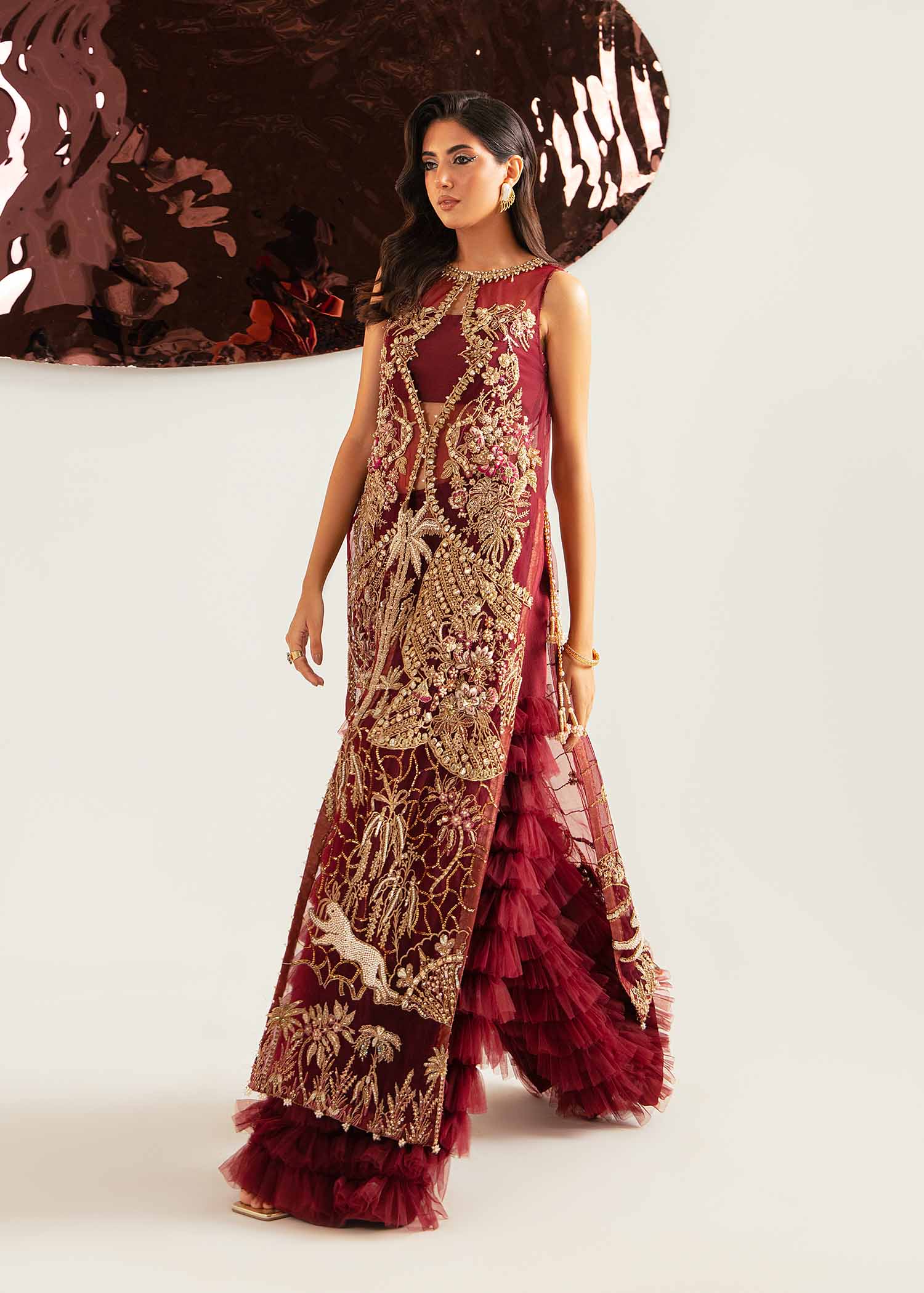 Deep Red Zardozi Net & Raw Silk Salwar Kameez (2-Piece) - Image 1