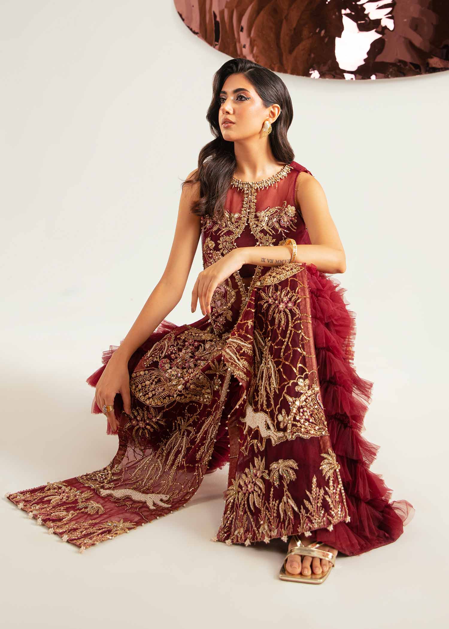 Deep Red Zardozi Net & Raw Silk Salwar Kameez (2-Piece) - Image 5