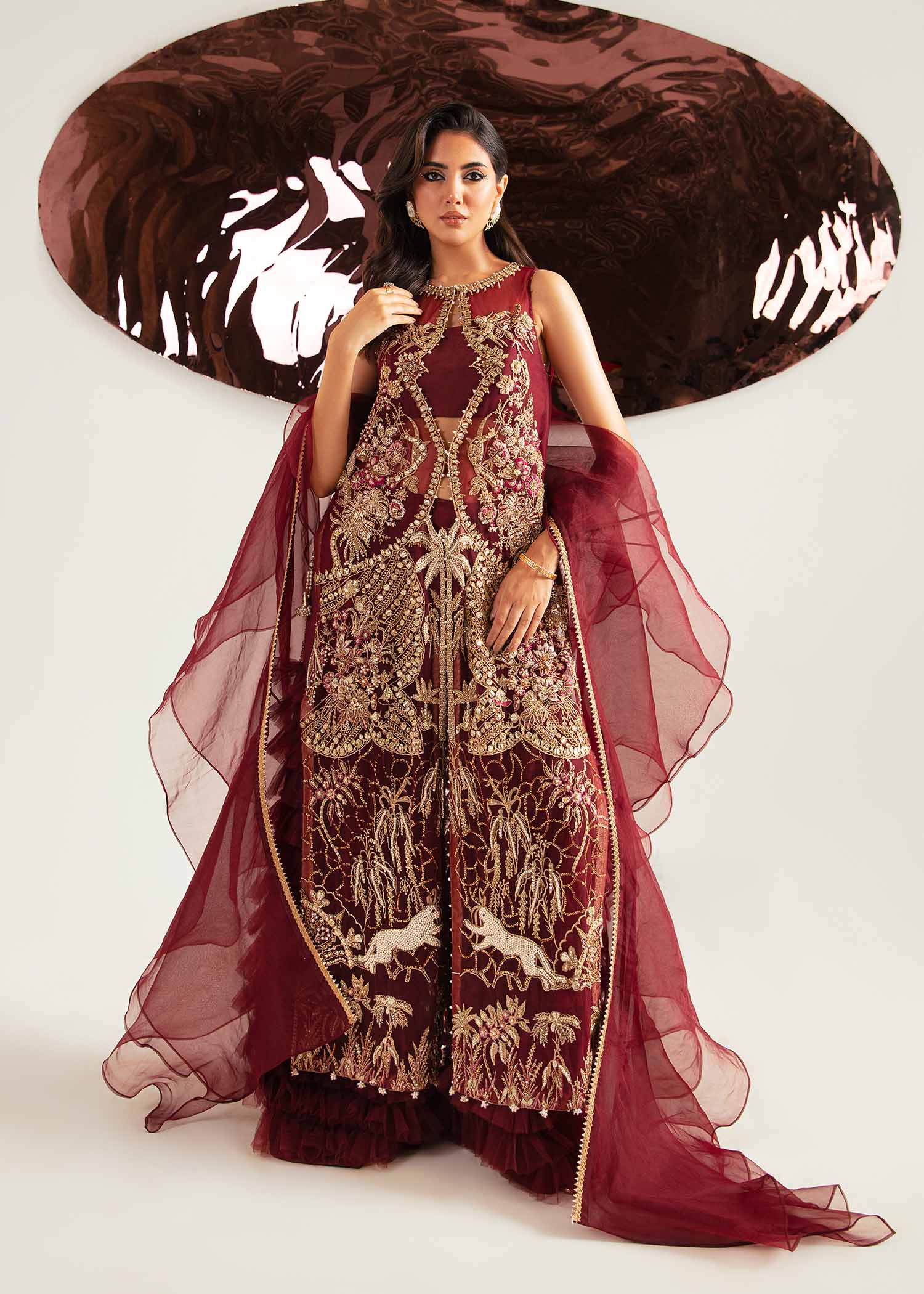 Deep Red Zardozi Net & Raw Silk Salwar Kameez (2-Piece) - Image 8