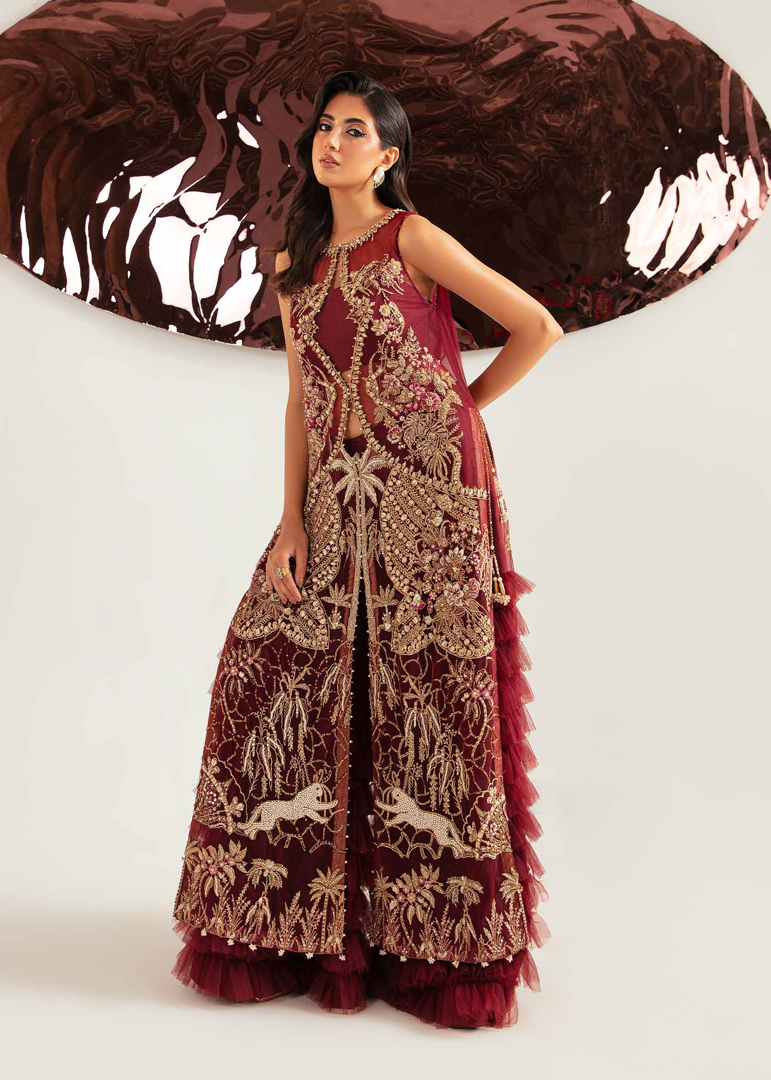 Deep Red Zardozi Net & Raw Silk Salwar Kameez (2-Piece) - Image 9