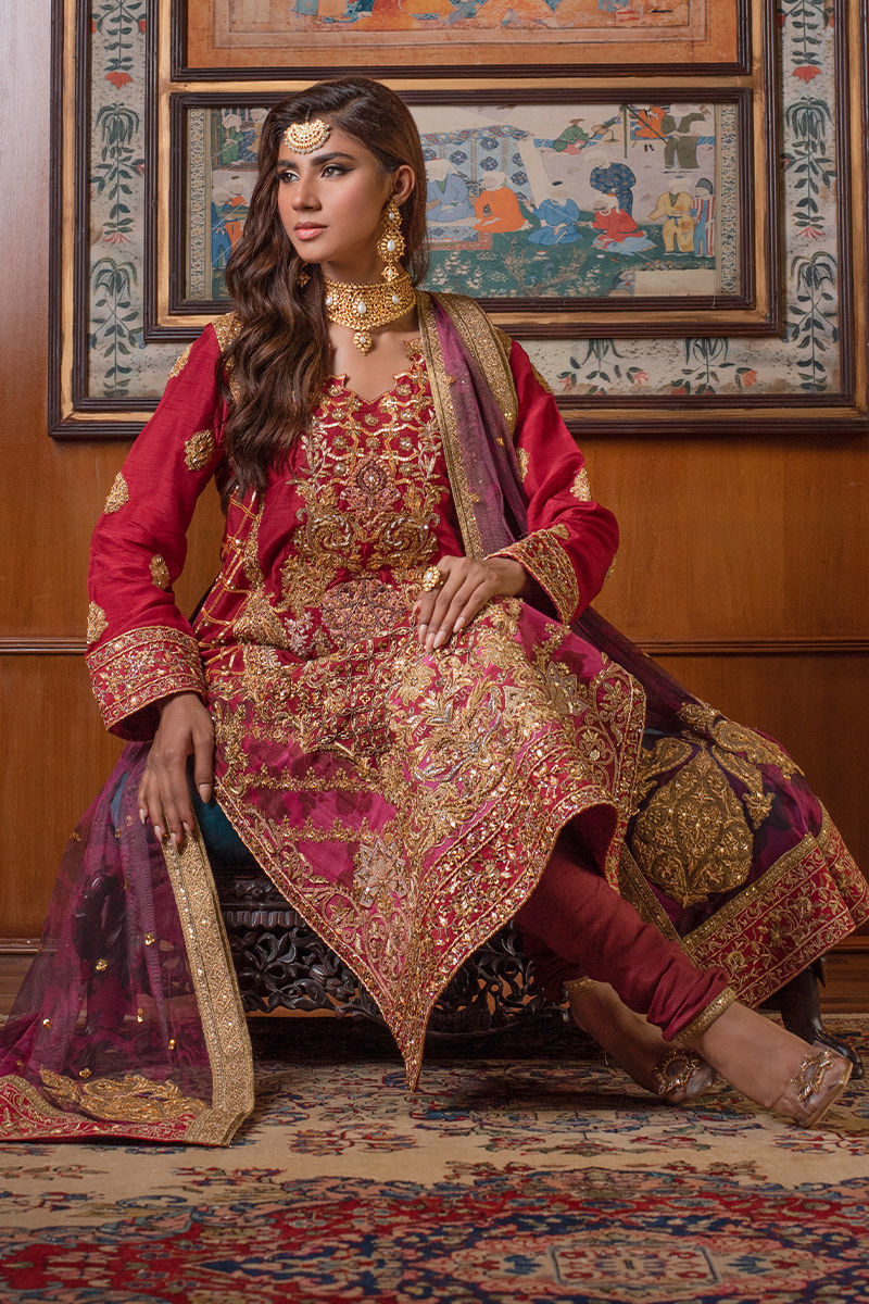 Deep Red Zardozi Raw Silk Salwar Kameez (3-Piece) - Image 1