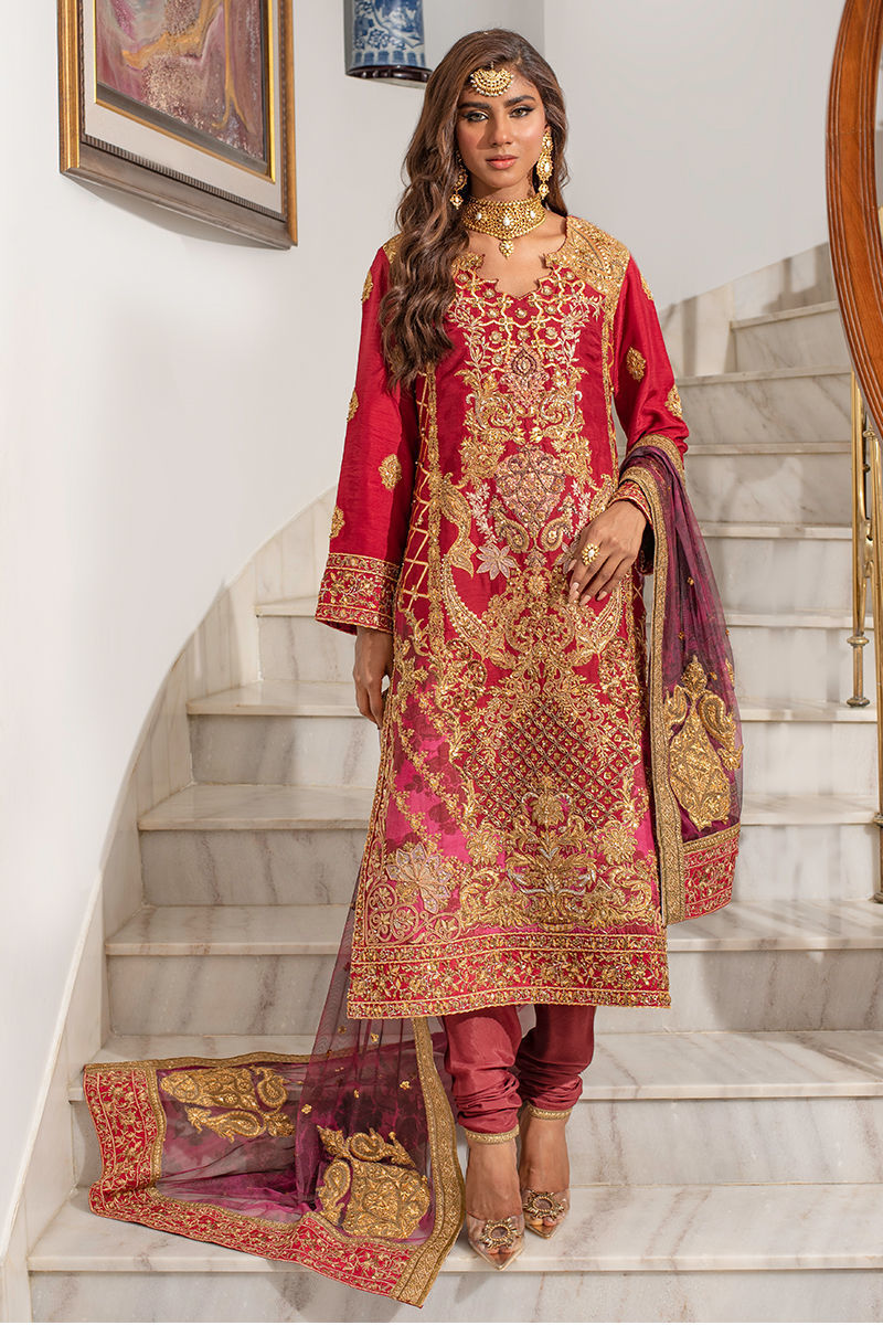 Deep Red Zardozi Raw Silk Salwar Kameez (3-Piece) - Image 2
