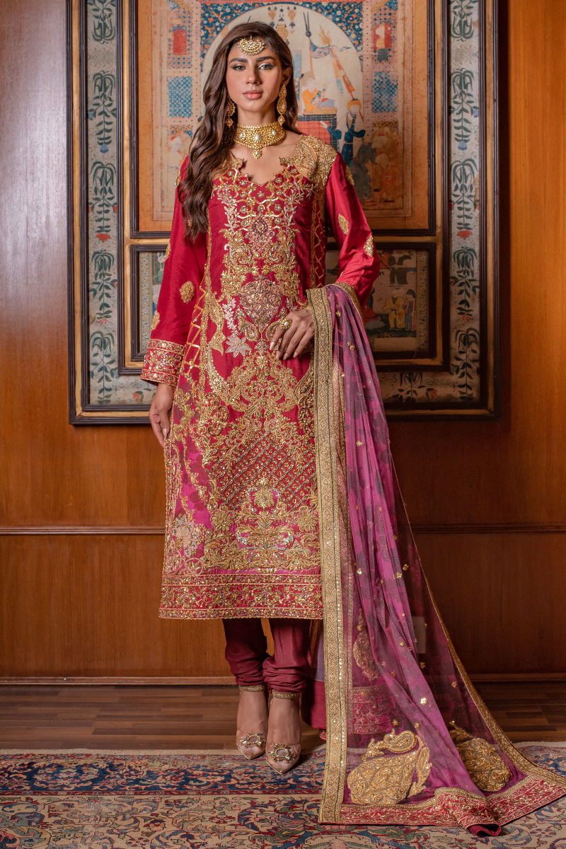 Deep Red Zardozi Raw Silk Salwar Kameez (3-Piece) - Image 3