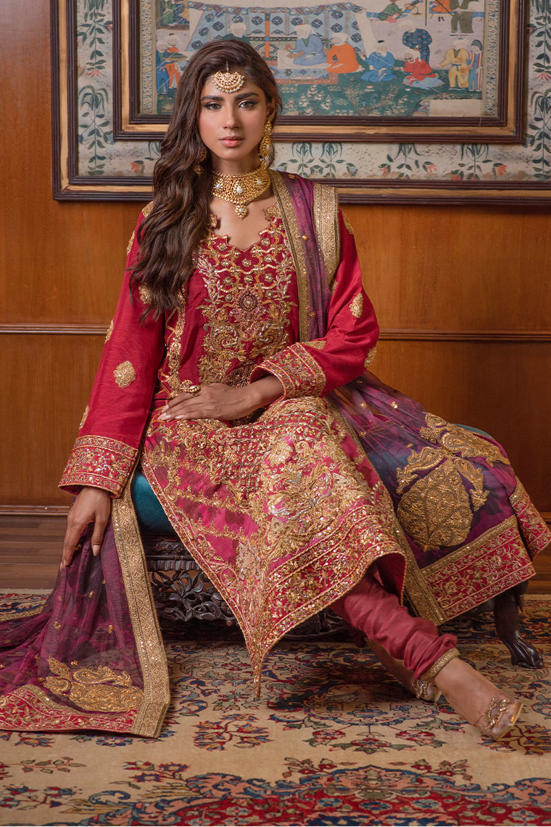 Deep Red Zardozi Raw Silk Salwar Kameez (3-Piece) - Image 4
