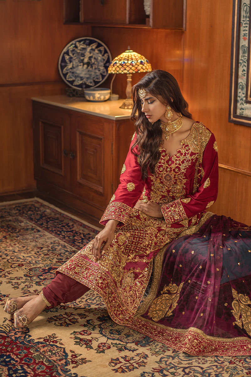 Deep Red Zardozi Raw Silk Salwar Kameez (3-Piece) - Image 6