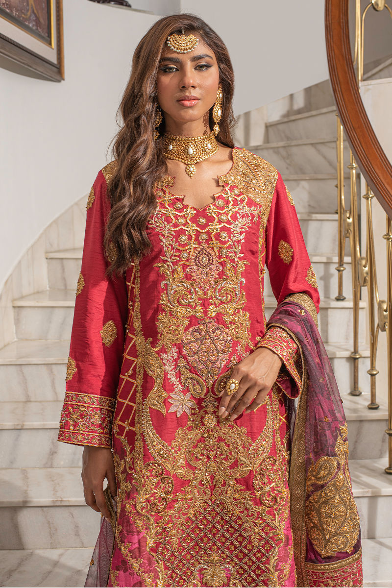 Deep Red Zardozi Raw Silk Salwar Kameez (3-Piece) - Image 7