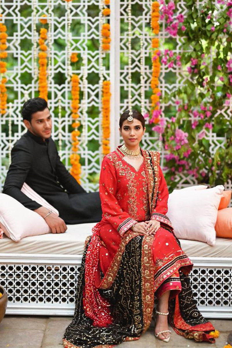 Pakistani Deep Red Zardozi Raw Silk Kurta Set (3-Piece) - Image 2