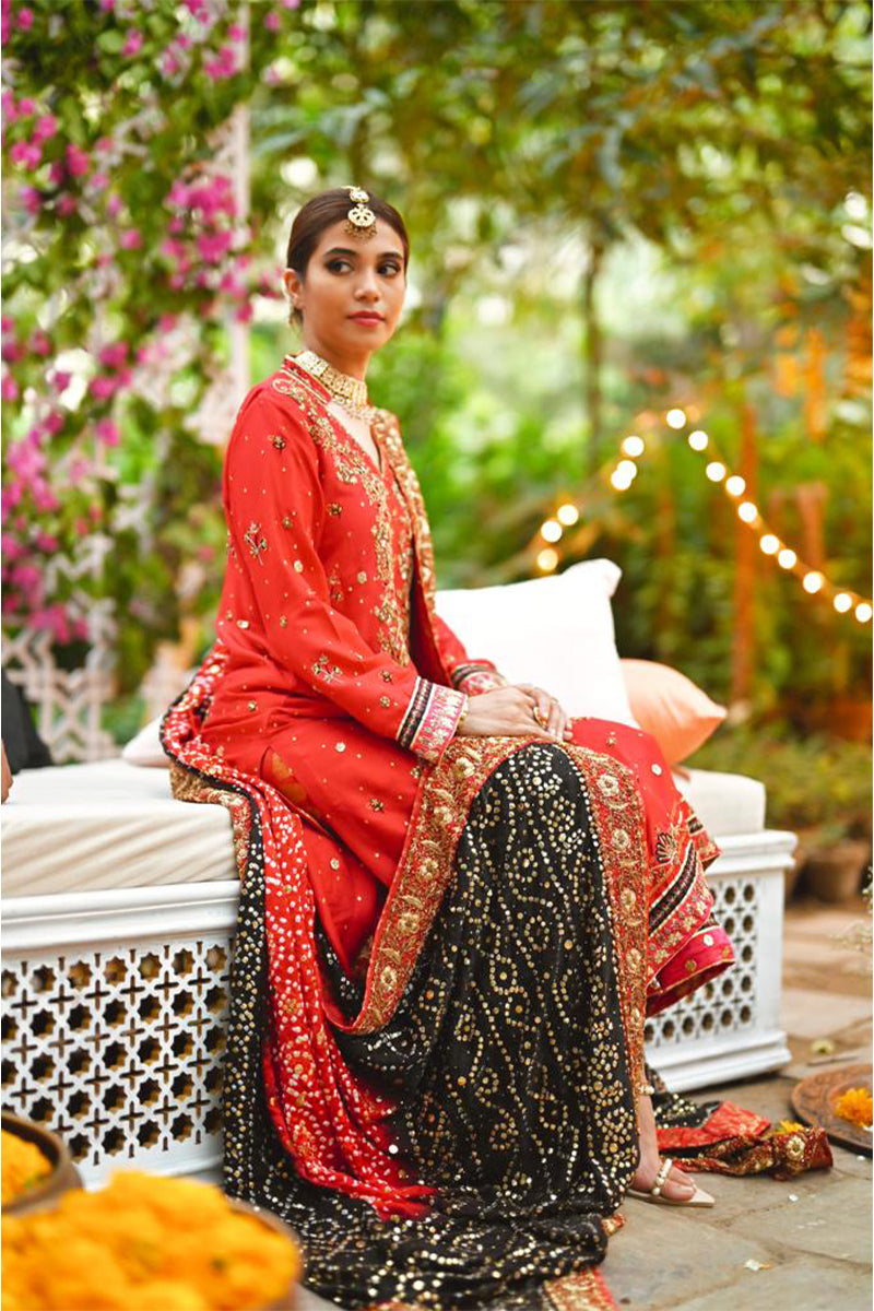 Pakistani Deep Red Zardozi Raw Silk Kurta Set (3-Piece) - Image 3