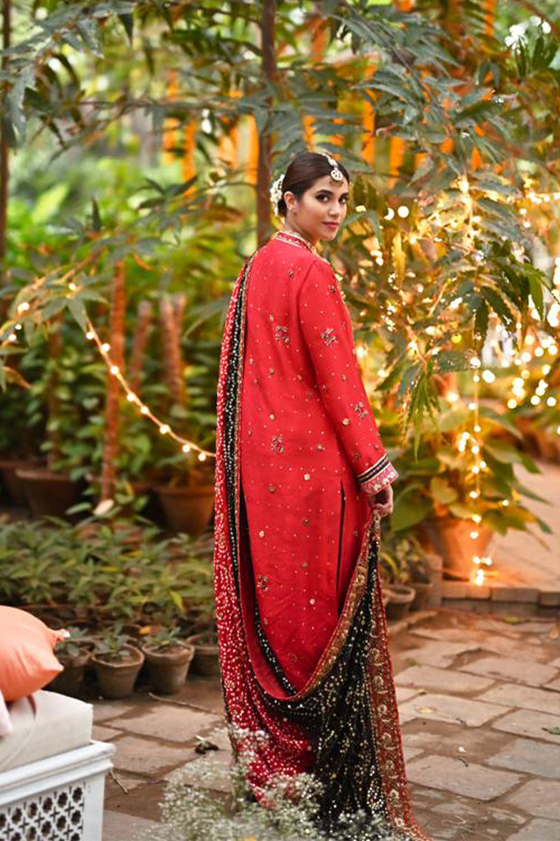 Pakistani Deep Red Zardozi Raw Silk Kurta Set (3-Piece) - Image 4