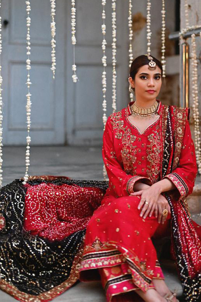 Pakistani Deep Red Zardozi Raw Silk Kurta Set (3-Piece) - Image 5