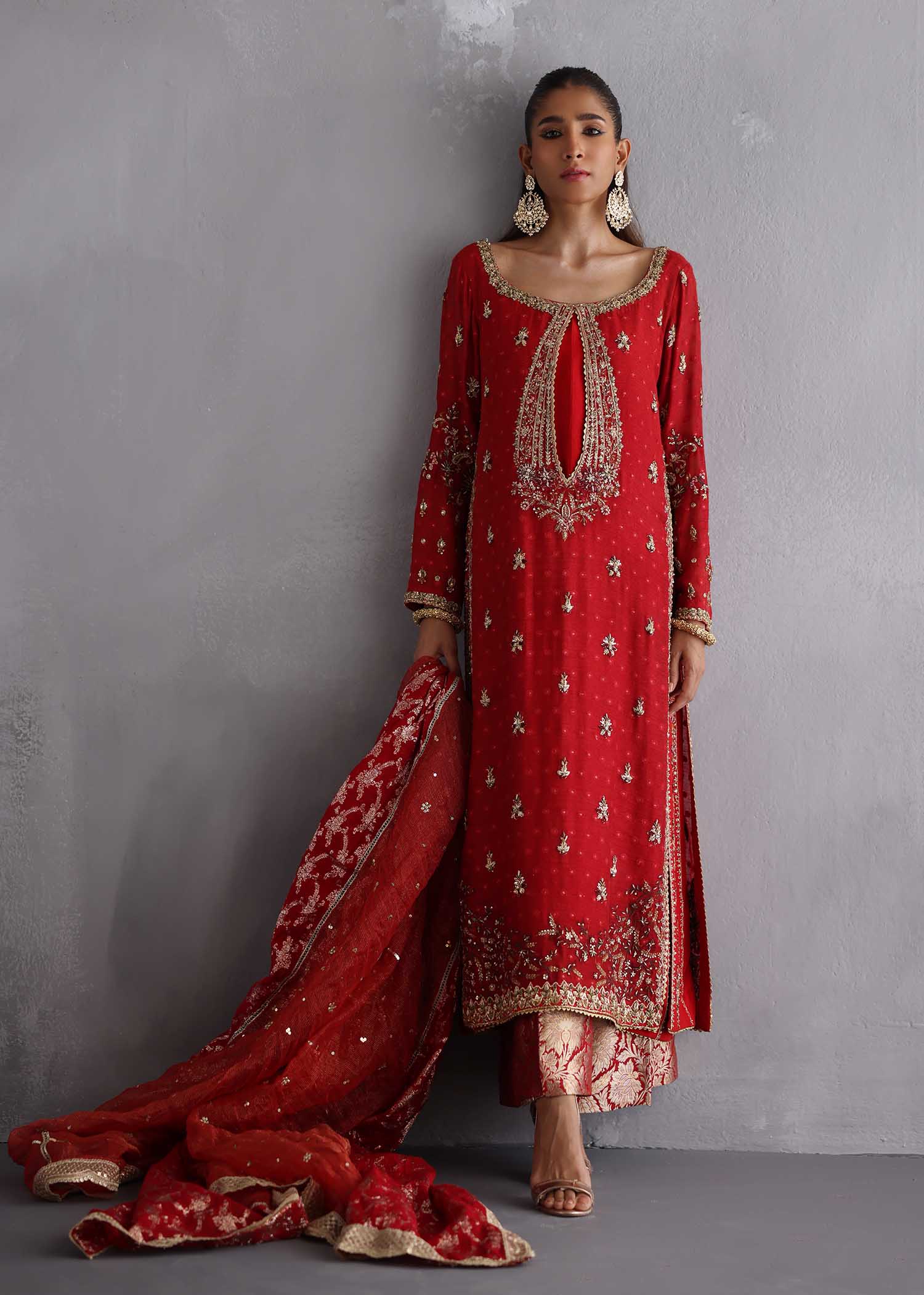 Pakistani Crimson Red Zardozi Raw Silk Salwar Kameez (3-Piece) - Image 1