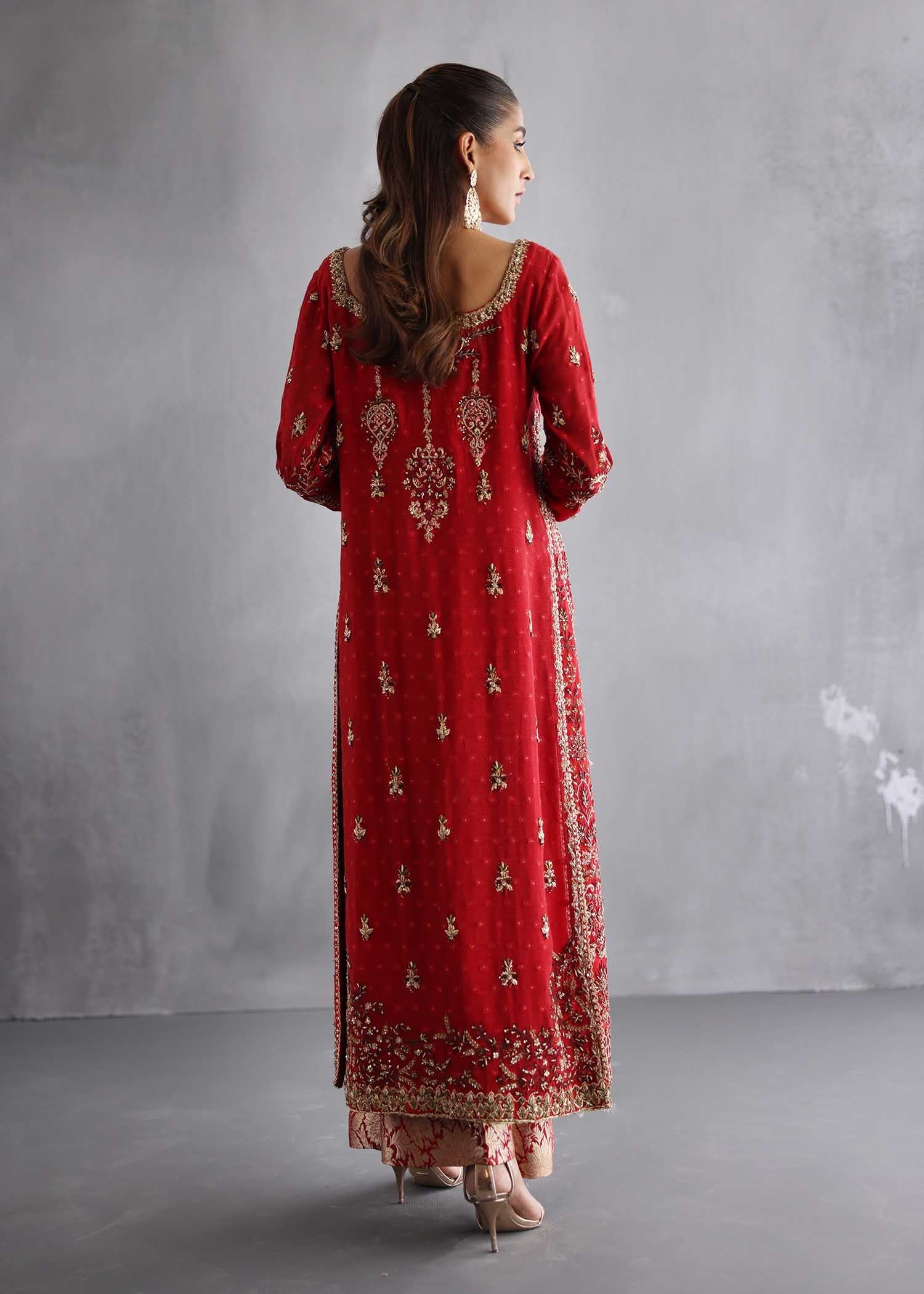 Pakistani Crimson Red Zardozi Raw Silk Salwar Kameez (3-Piece) - Image 2