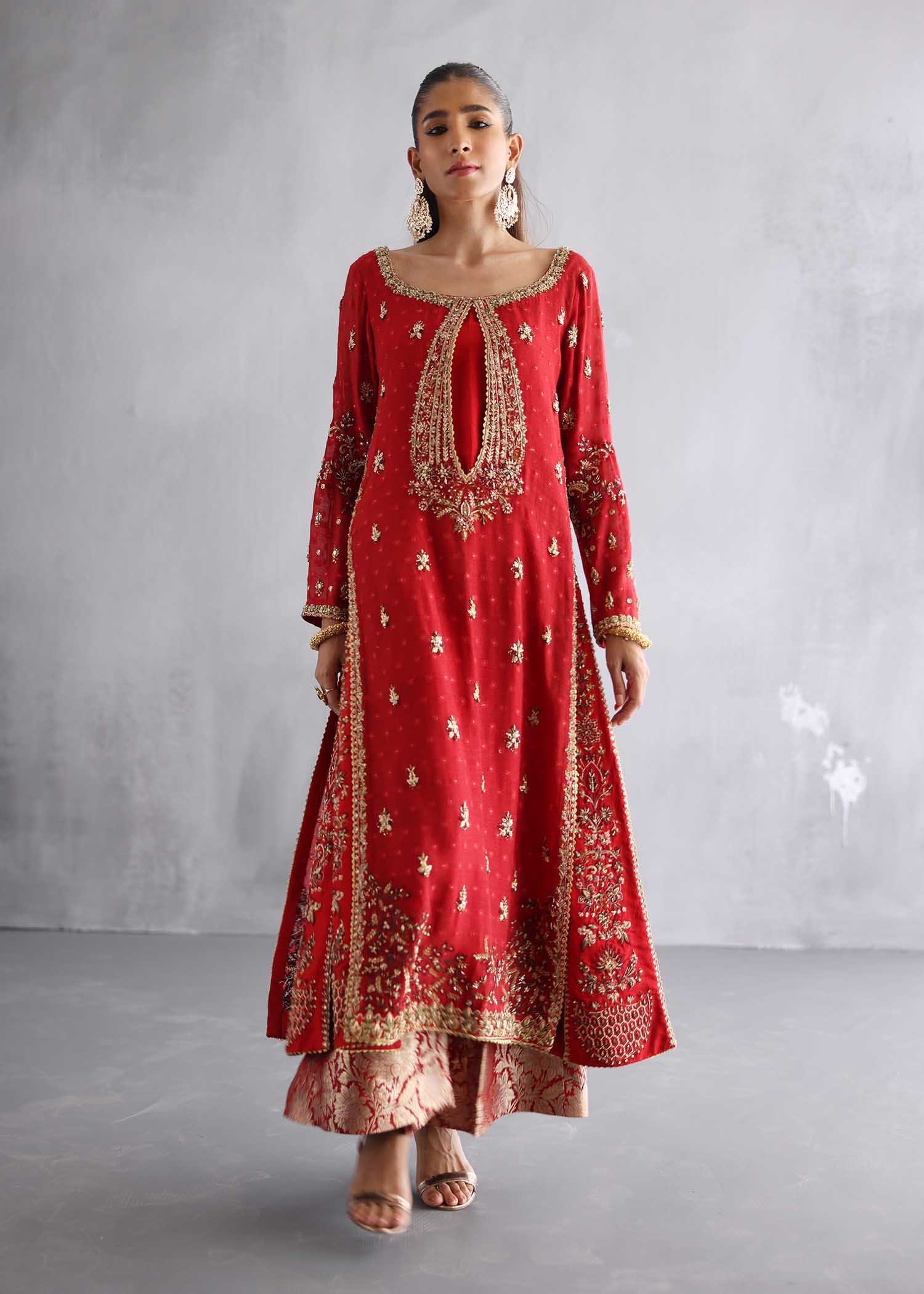 Pakistani Crimson Red Zardozi Raw Silk Salwar Kameez (3-Piece) - Image 3
