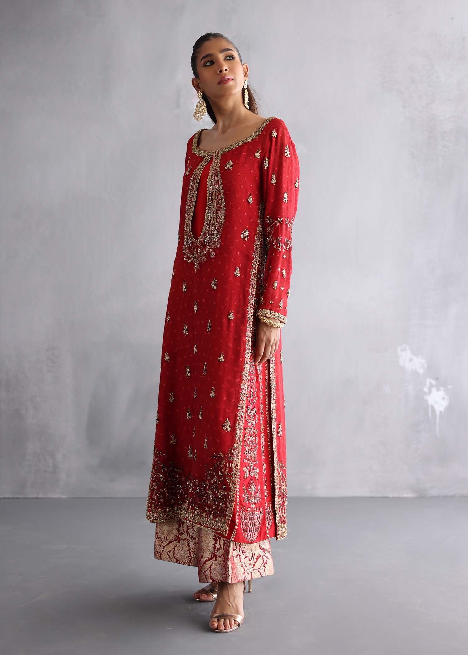 Pakistani Crimson Red Zardozi Raw Silk Salwar Kameez (3-Piece) - Image 4