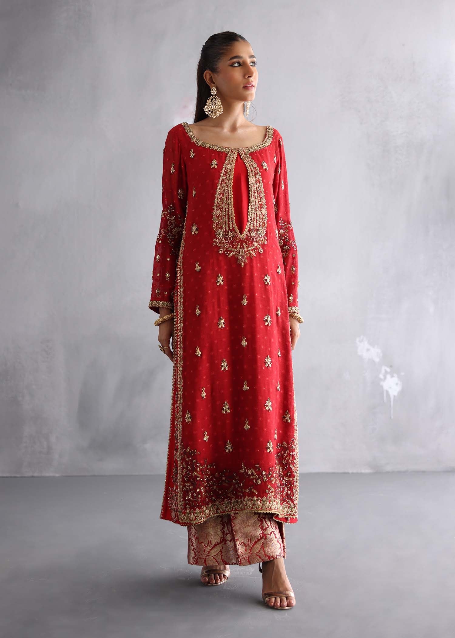 Pakistani Crimson Red Zardozi Raw Silk Salwar Kameez (3-Piece) - Image 5