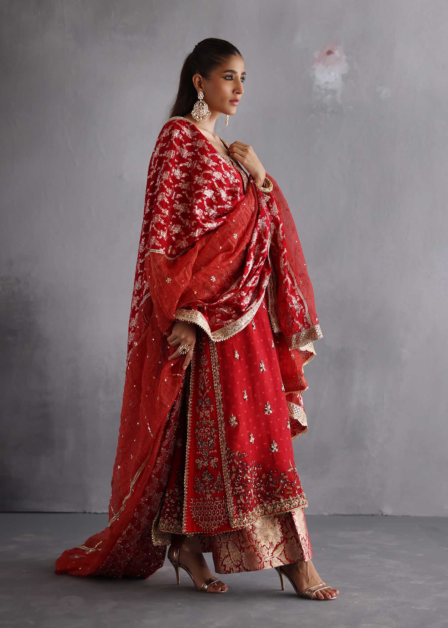 Pakistani Crimson Red Zardozi Raw Silk Salwar Kameez (3-Piece) - Image 6