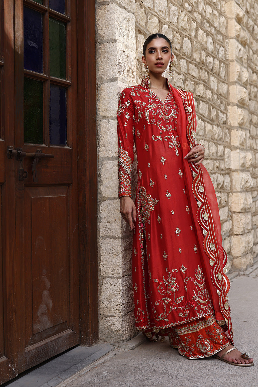 Pakistani Red Zardozi Embroidered Raw Silk Long Shirt (3-Piece) - Image 1