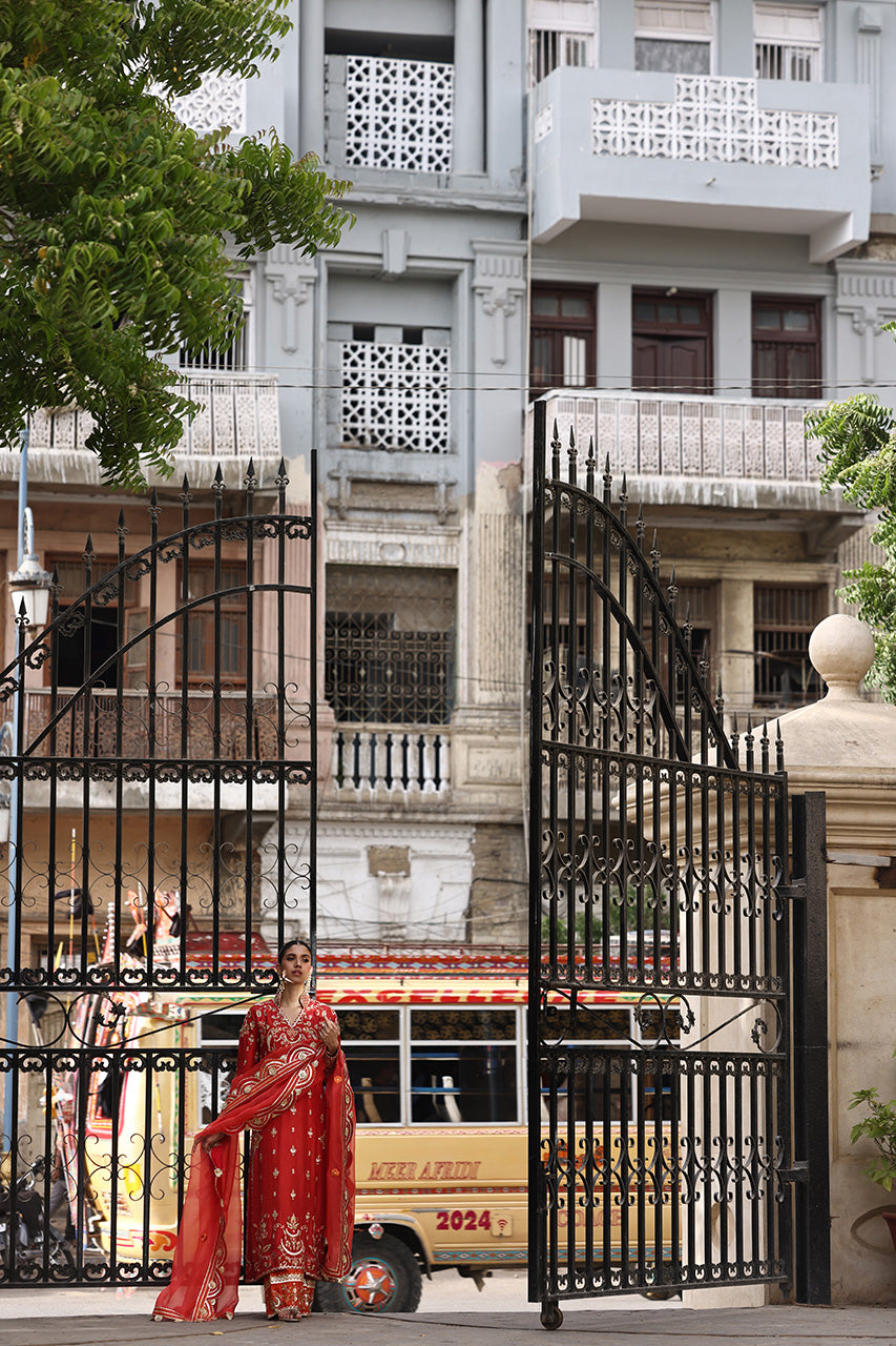 Pakistani Red Zardozi Embroidered Raw Silk Long Shirt (3-Piece) - Image 10