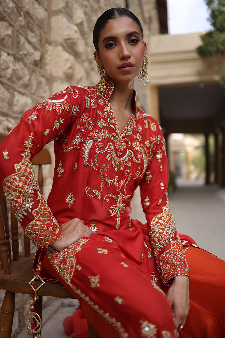 Pakistani Red Zardozi Embroidered Raw Silk Long Shirt (3-Piece) - Image 2