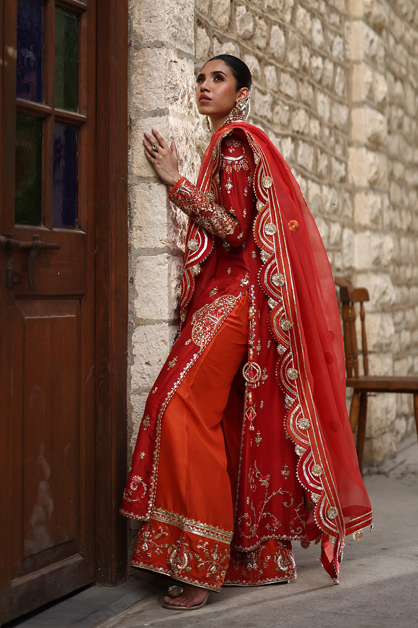 Pakistani Red Zardozi Embroidered Raw Silk Long Shirt (3-Piece) - Image 3