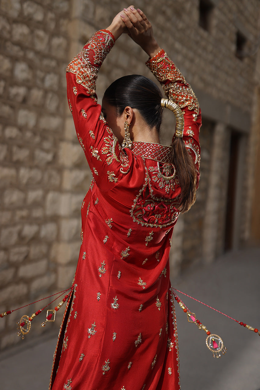 Pakistani Red Zardozi Embroidered Raw Silk Long Shirt (3-Piece) - Image 4
