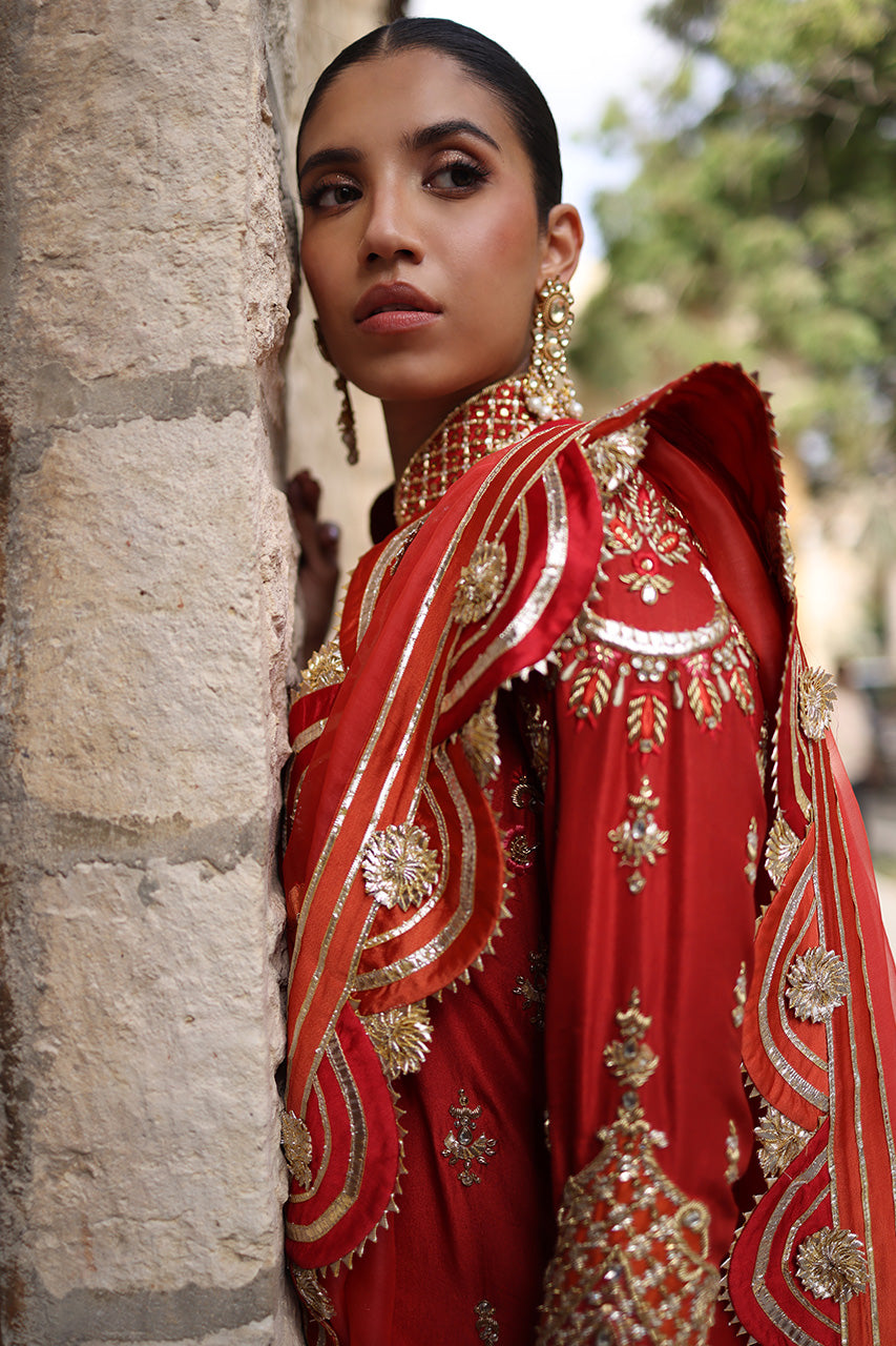 Pakistani Red Zardozi Embroidered Raw Silk Long Shirt (3-Piece) - Image 5