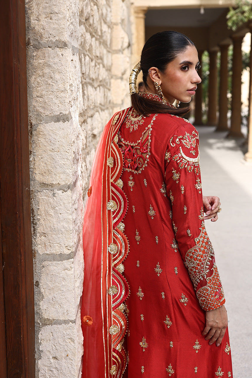 Pakistani Red Zardozi Embroidered Raw Silk Long Shirt (3-Piece) - Image 6