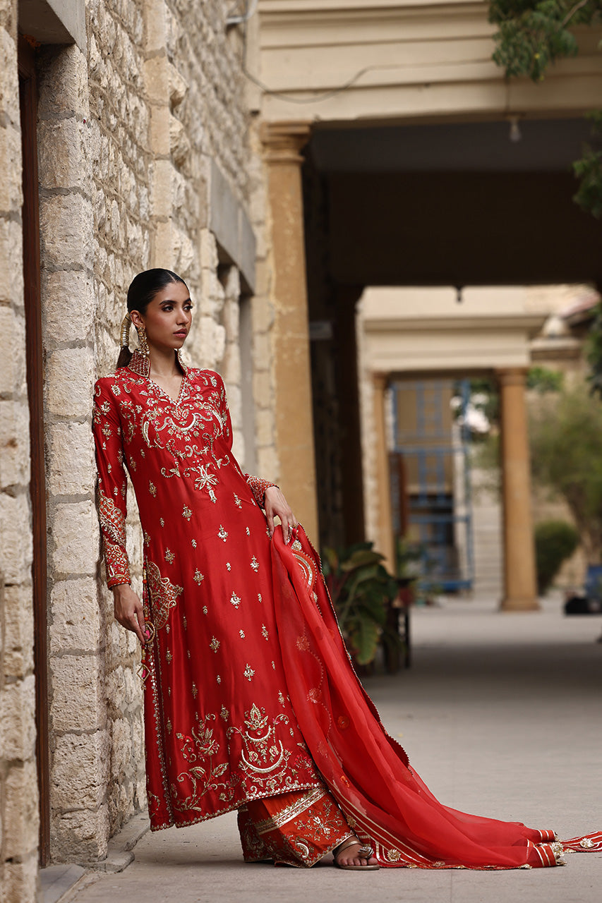 Pakistani Red Zardozi Embroidered Raw Silk Long Shirt (3-Piece) - Image 7