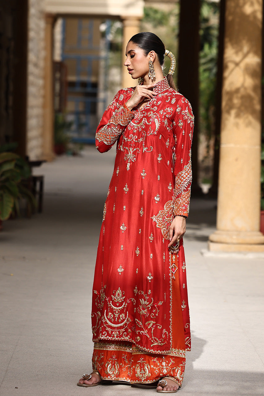 Pakistani Red Zardozi Embroidered Raw Silk Long Shirt (3-Piece) - Image 8
