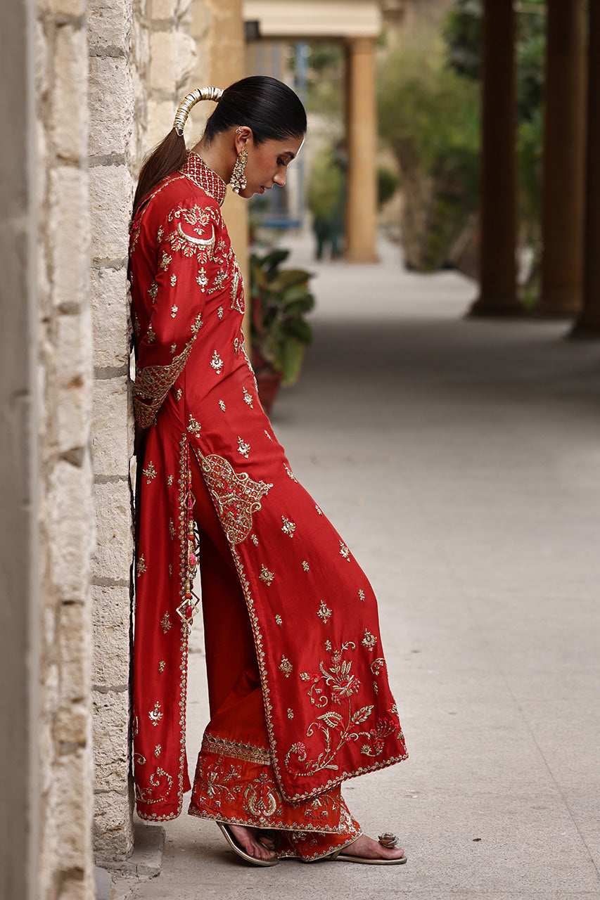 Pakistani Red Zardozi Embroidered Raw Silk Long Shirt (3-Piece) - Image 9