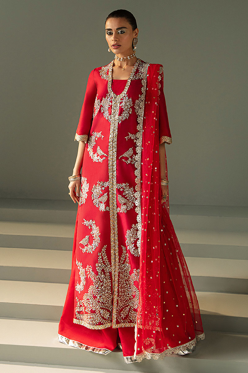 Indian Red Zardozi Embroidered Raw Silk Kameez (3-Piece) - Image 1