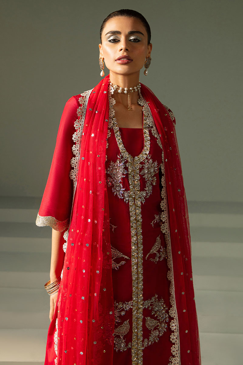 Indian Red Zardozi Embroidered Raw Silk Kameez (3-Piece) - Image 3