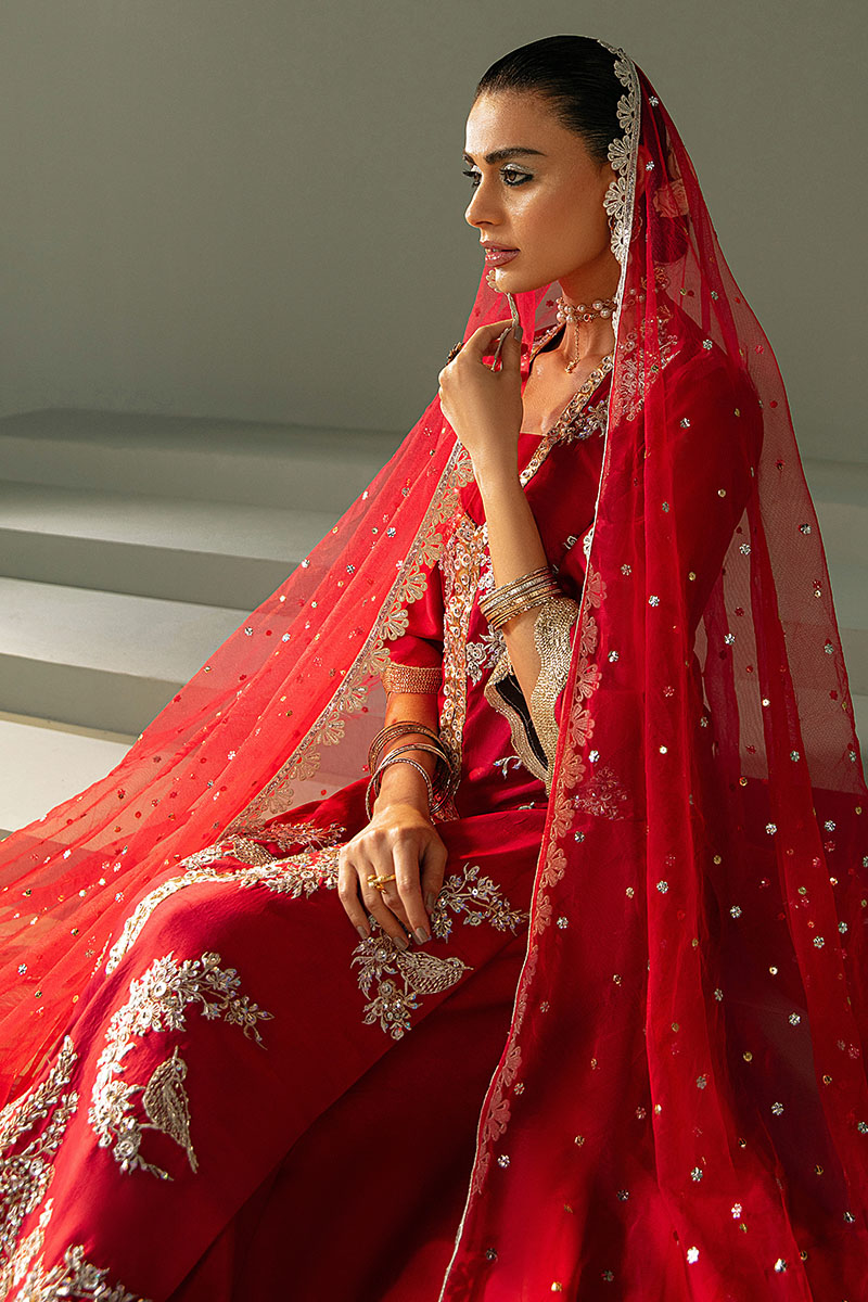 Indian Red Zardozi Embroidered Raw Silk Kameez (3-Piece) - Image 4