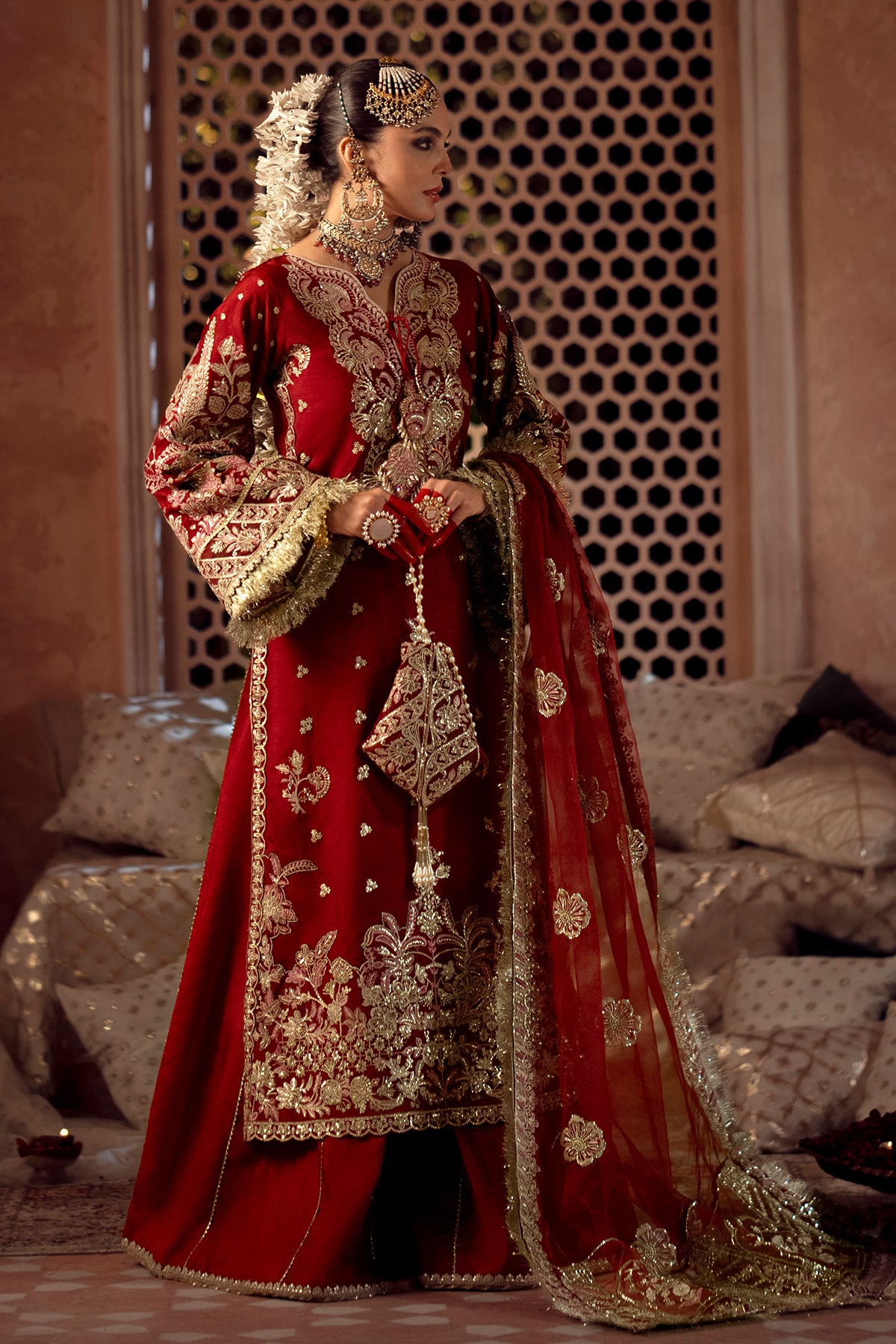 Deep Red Embroidered Rawsilk Bridal Salwar Kameez (3-Piece) - Image 1