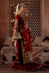 Deep Red Embroidered Rawsilk Bridal Salwar Kameez (3-Piece) - Image 7