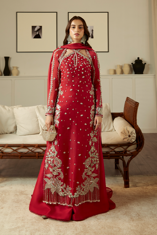 Deep Red Embroidered Satin Silk Salwar Kameez (3-Piece) - Image 4