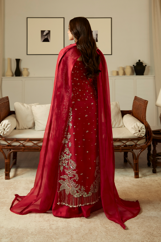 Deep Red Embroidered Satin Silk Salwar Kameez (3-Piece) - Image 5