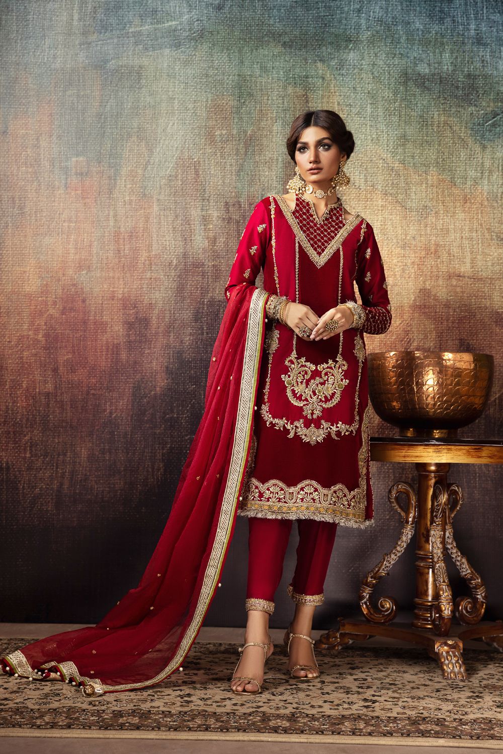 Deep Red Embroidered Silk Salwar Kameez (3-Piece) - Image 1