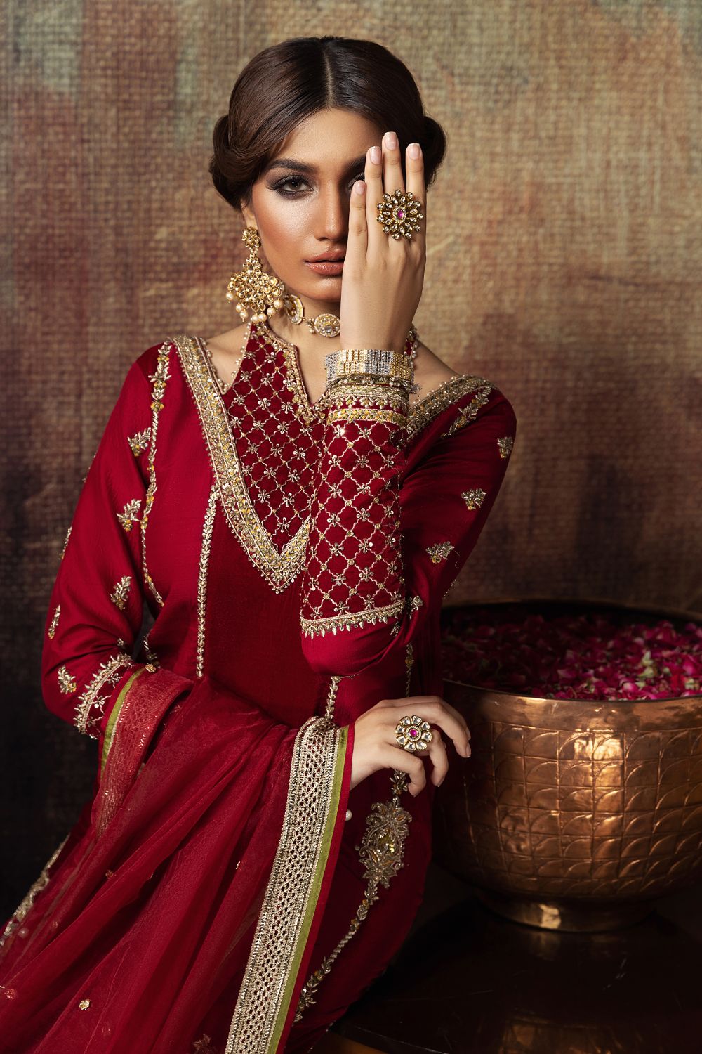 Deep Red Embroidered Silk Salwar Kameez (3-Piece) - Image 2