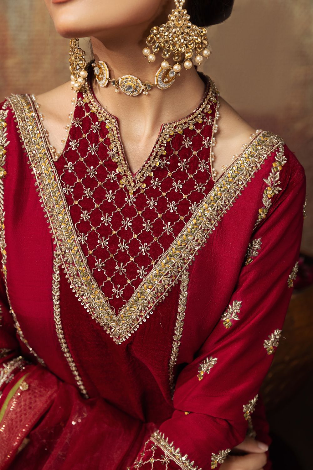 Deep Red Embroidered Silk Salwar Kameez (3-Piece) - Image 3