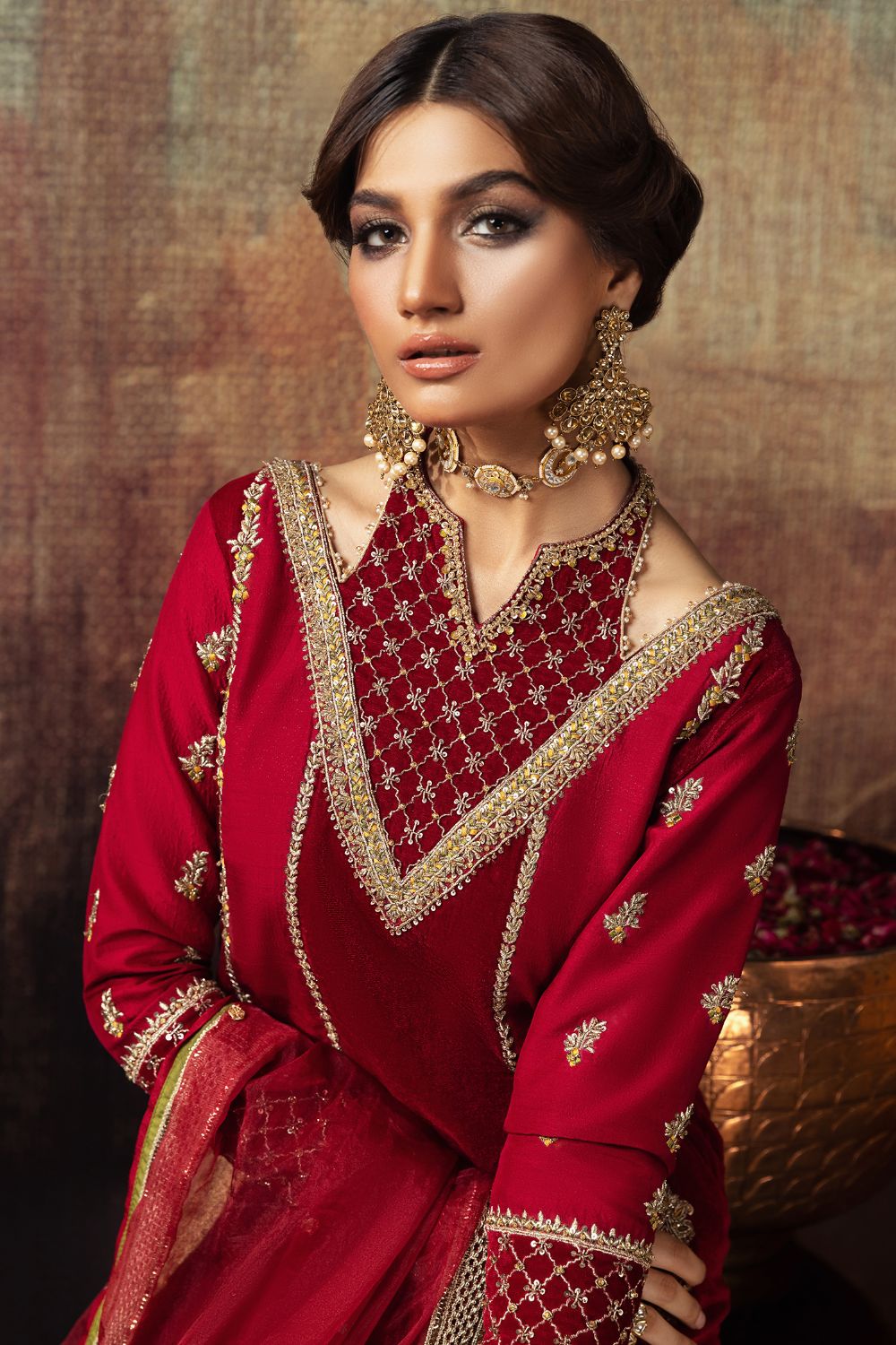 Deep Red Embroidered Silk Salwar Kameez (3-Piece) - Image 4