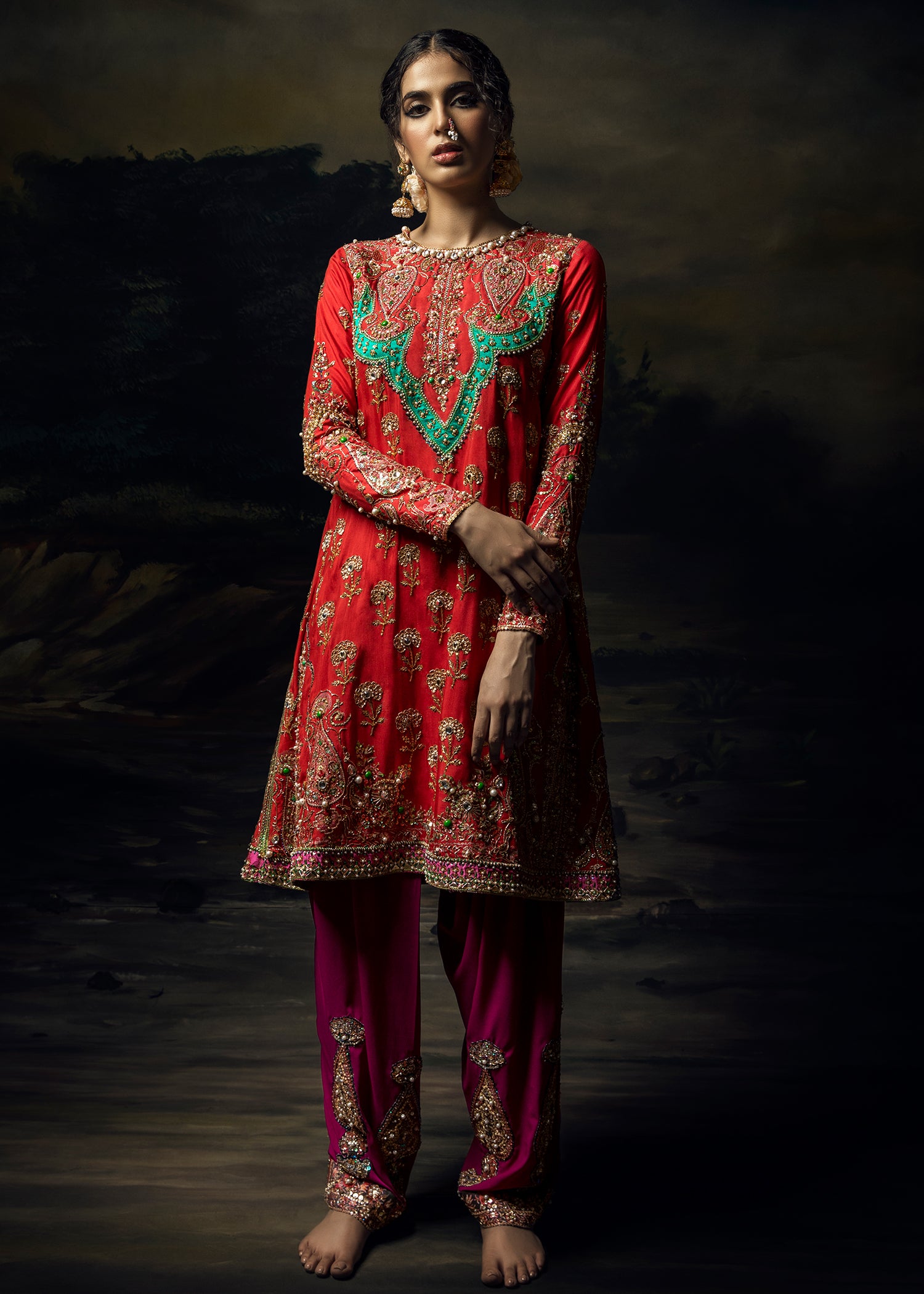 Orange Red Embroidered Silk-Blend Salwar Kameez (3-Piece) - Image 1